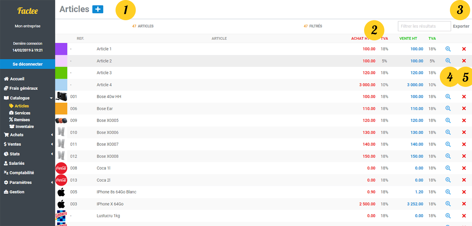 Liste des articles Factee