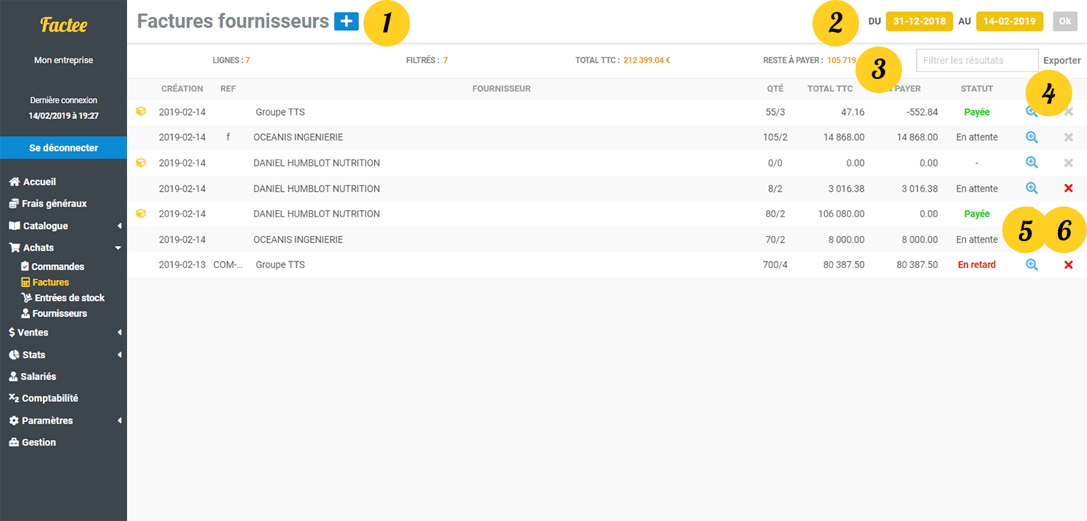 Liste factures achats Factee
