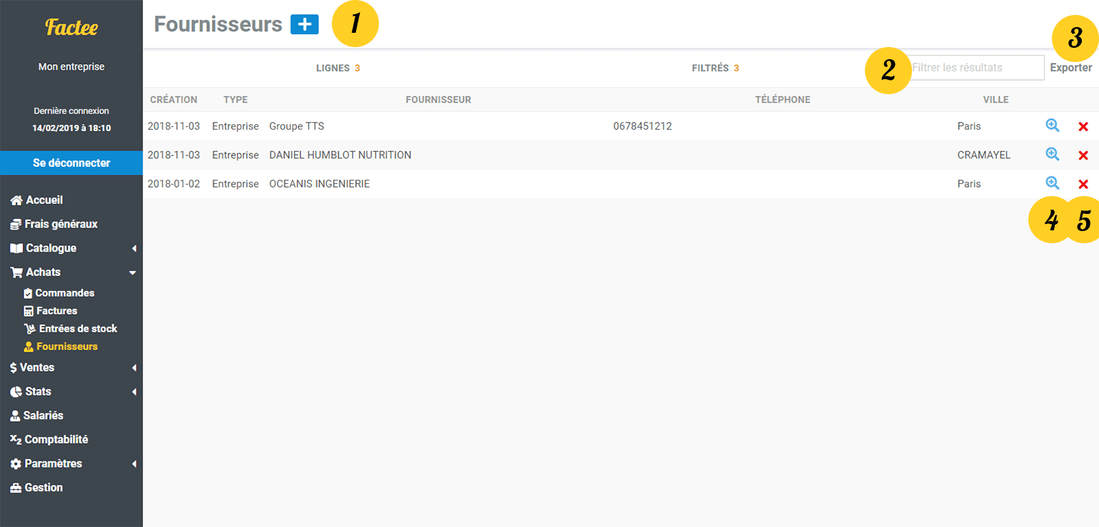 Liste fournisseurs Factee