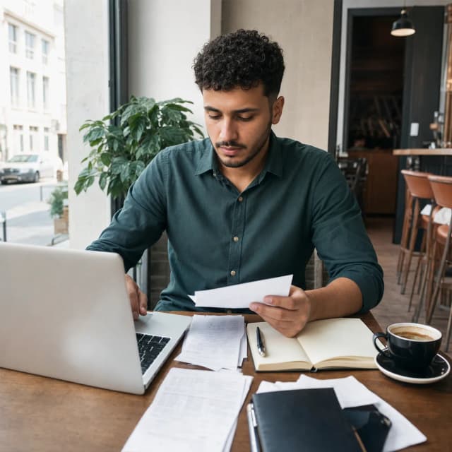 Jeune entrepreneur en Algérie préparant sa facturation