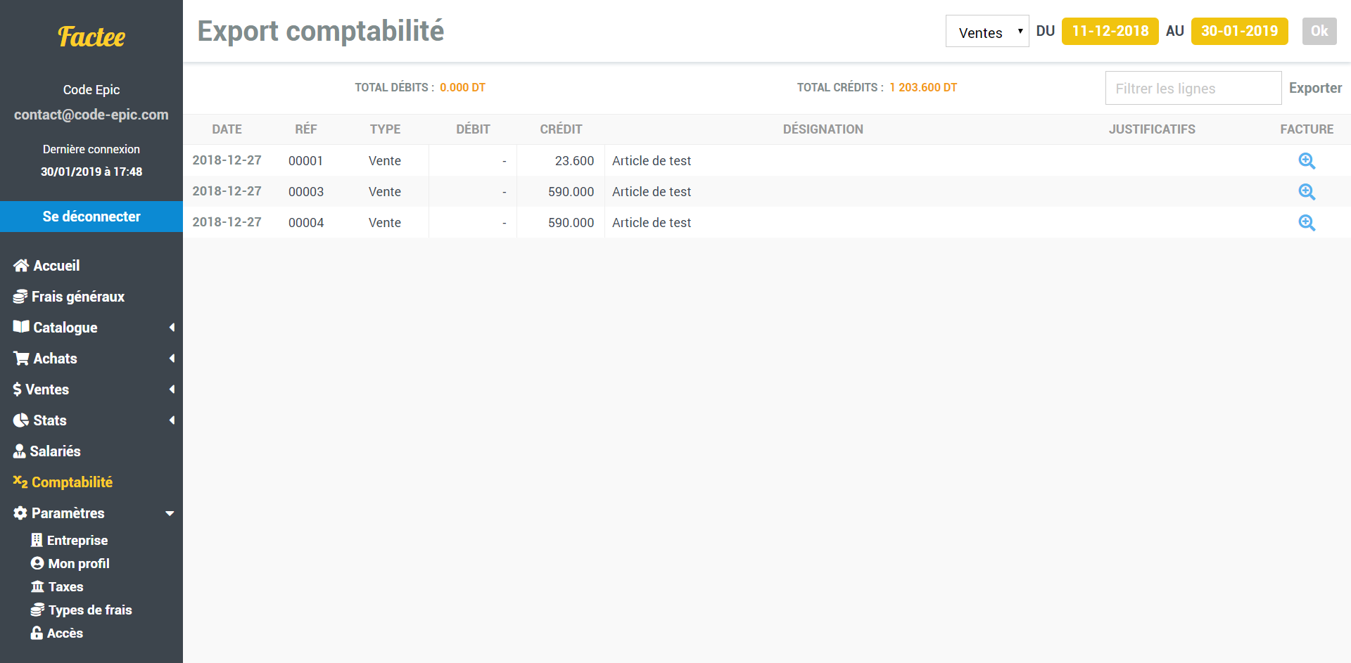 factee Export comptabilité